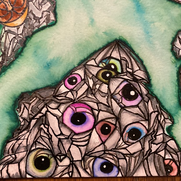 Unframed Original Art Surreal Watercolour Painting Mushrooms Eyes Waterscape - Picture 3 of 8